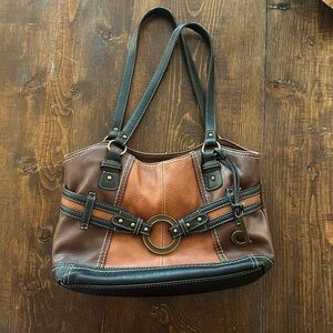 Brown Two-Tone Leather Shoulder Bag with Ring Accent